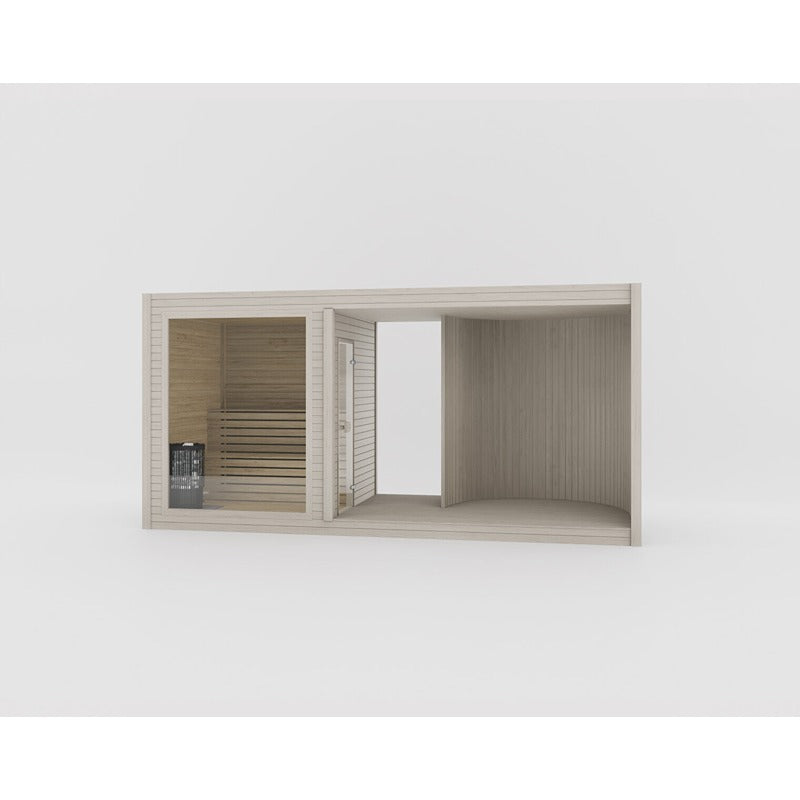Celsium Tauras Air modular sauna in a light natural wood look - stylish modular sauna with clear lines and glass front