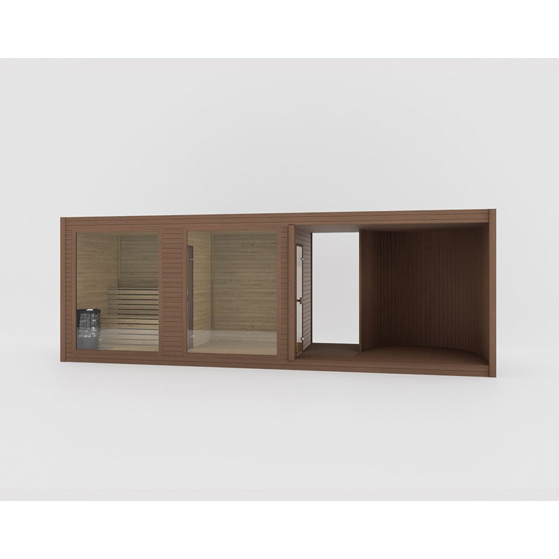 Celsium Tauras Balance modular sauna in warm teak look with central changing area