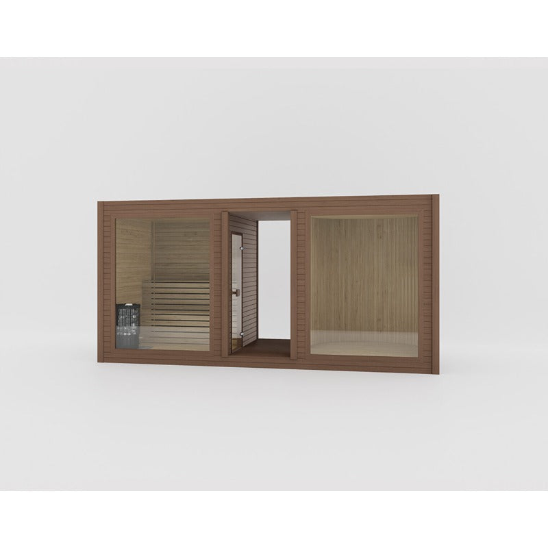 Celsium Tauras View Modular Sauna in warm brown - luxurious designer sauna with large glass area for a light-flooded spa experience.