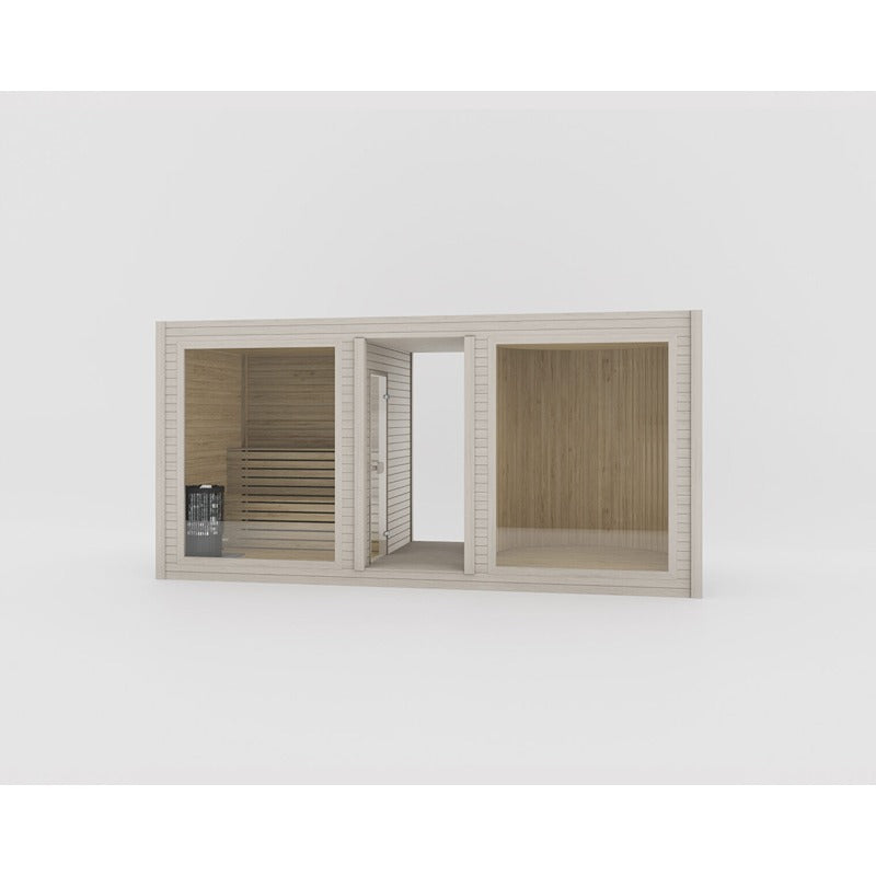 Celsium Tauras View Modular sauna with panoramic window in natural wood look - modern glass sauna with clear lines.